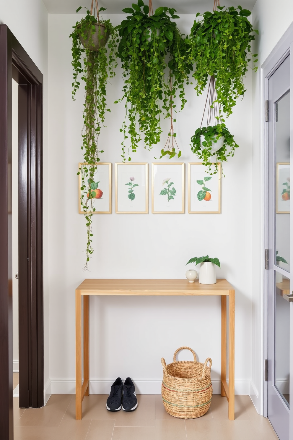 A narrow foyer features a sleek console table made of light wood against the wall. Above the table, a series of framed botanical prints are arranged in a staggered pattern, adding visual interest. Hanging plants in varying lengths cascade from the ceiling, creating a lush green effect that draws the eye upward. A small woven basket sits on the floor, holding extra shoes and adding a touch of texture to the space.