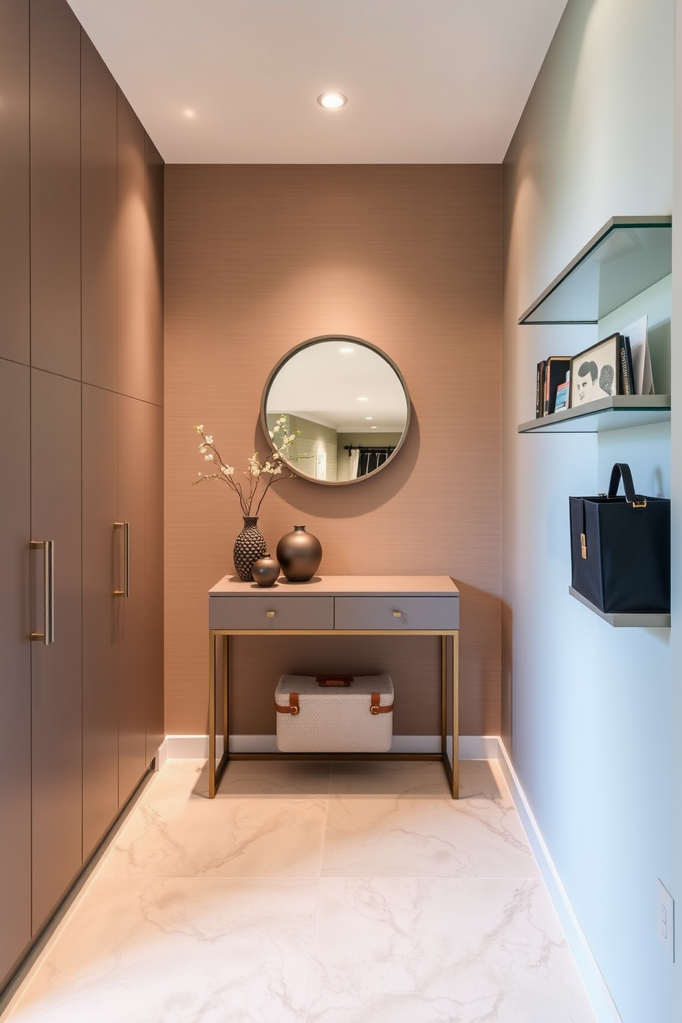 A narrow foyer features a sleek console table against the wall, adorned with a stylish lamp and a decorative bowl. Above the table, a curated family photo display in varying frames adds a personal touch, creating an inviting entrance. The walls are painted in a soft neutral color to enhance the sense of space, while a small bench with storage underneath provides functionality. A runner rug in a subtle pattern adds warmth and texture, guiding guests into the home.