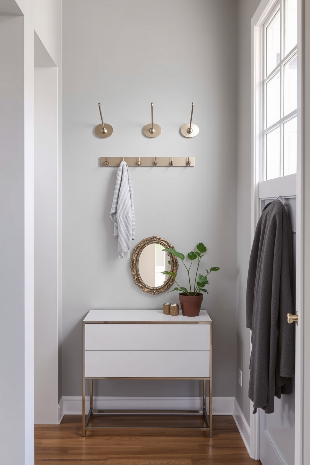 A stylish narrow foyer features a wall-mounted coat rack made of sleek metal with a modern finish. The walls are painted in a light gray tone, and a small console table sits beneath the coat rack, adorned with a decorative mirror and a potted plant.