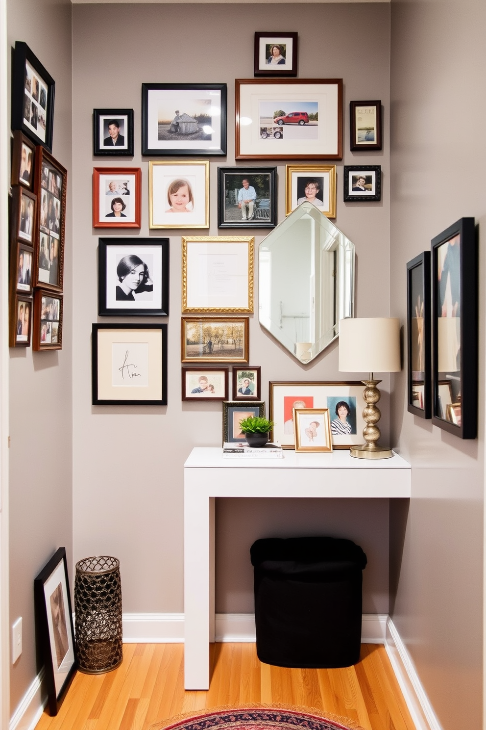 A narrow foyer featuring a sleek console table against the wall with a decorative mirror above it. A small upholstered bench is placed nearby, providing a cozy seating area, while soft lighting illuminates the space, creating an inviting atmosphere.