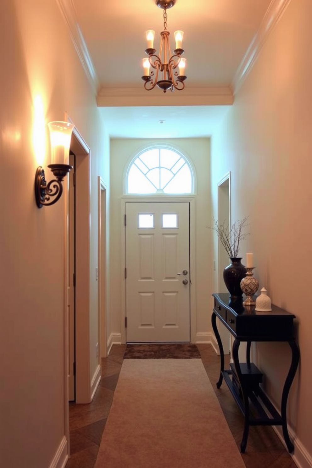 A narrow foyer with a sleek design features recessed lighting that creates a warm and inviting ambiance. The walls are painted in a soft neutral tone, enhancing the sense of space while a minimalist console table adds functionality without overwhelming the area.