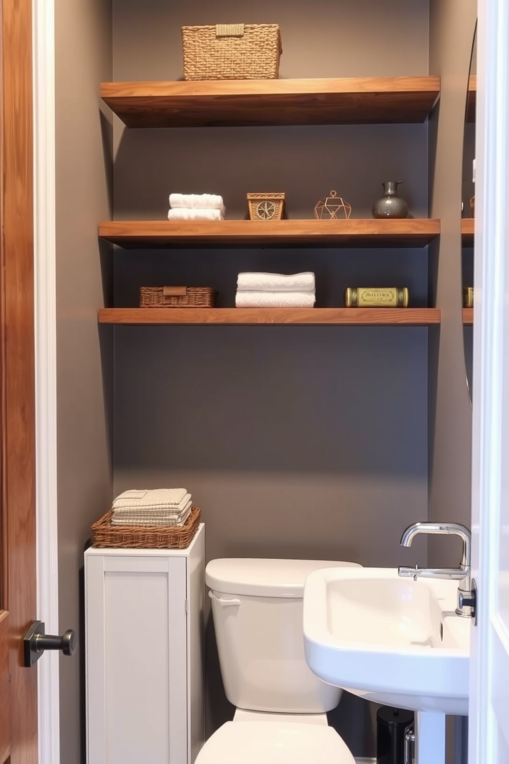 Maximize vertical storage with shelves in a narrow powder room. Incorporate floating shelves above the toilet and a slim cabinet beside the sink for added functionality and style.