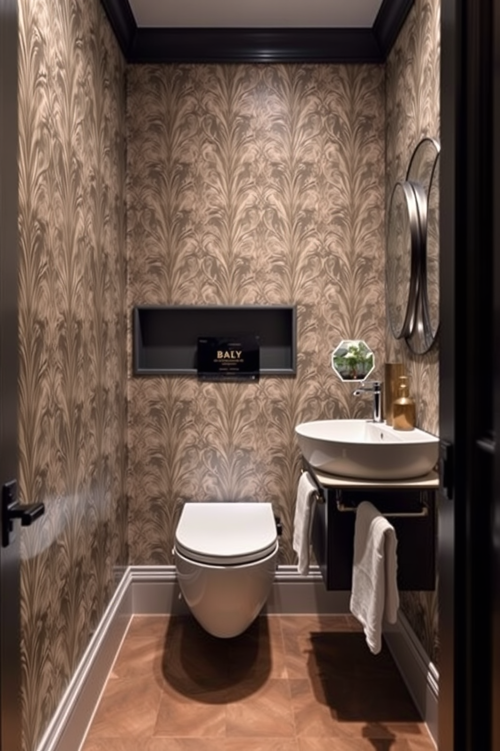 A narrow powder room features a sleek wall-mounted toilet that maximizes floor space and creates a modern aesthetic. The walls are adorned with elegant wallpaper, and a stylish floating vanity with a round mirror enhances the room's sophistication.