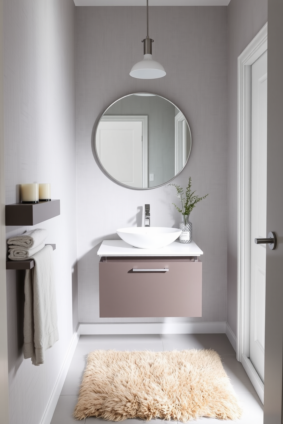 A narrow powder room features a sleek floating vanity with a white quartz countertop and a stylish vessel sink. The walls are adorned with a soft gray wallpaper, and a large round mirror with a brushed nickel frame enhances the space. To the left of the vanity, a small decorative shelf holds elegant hand towels and a scented candle. A plush, small rug in a warm neutral tone adds comfort underfoot, while a modern pendant light illuminates the room beautifully.