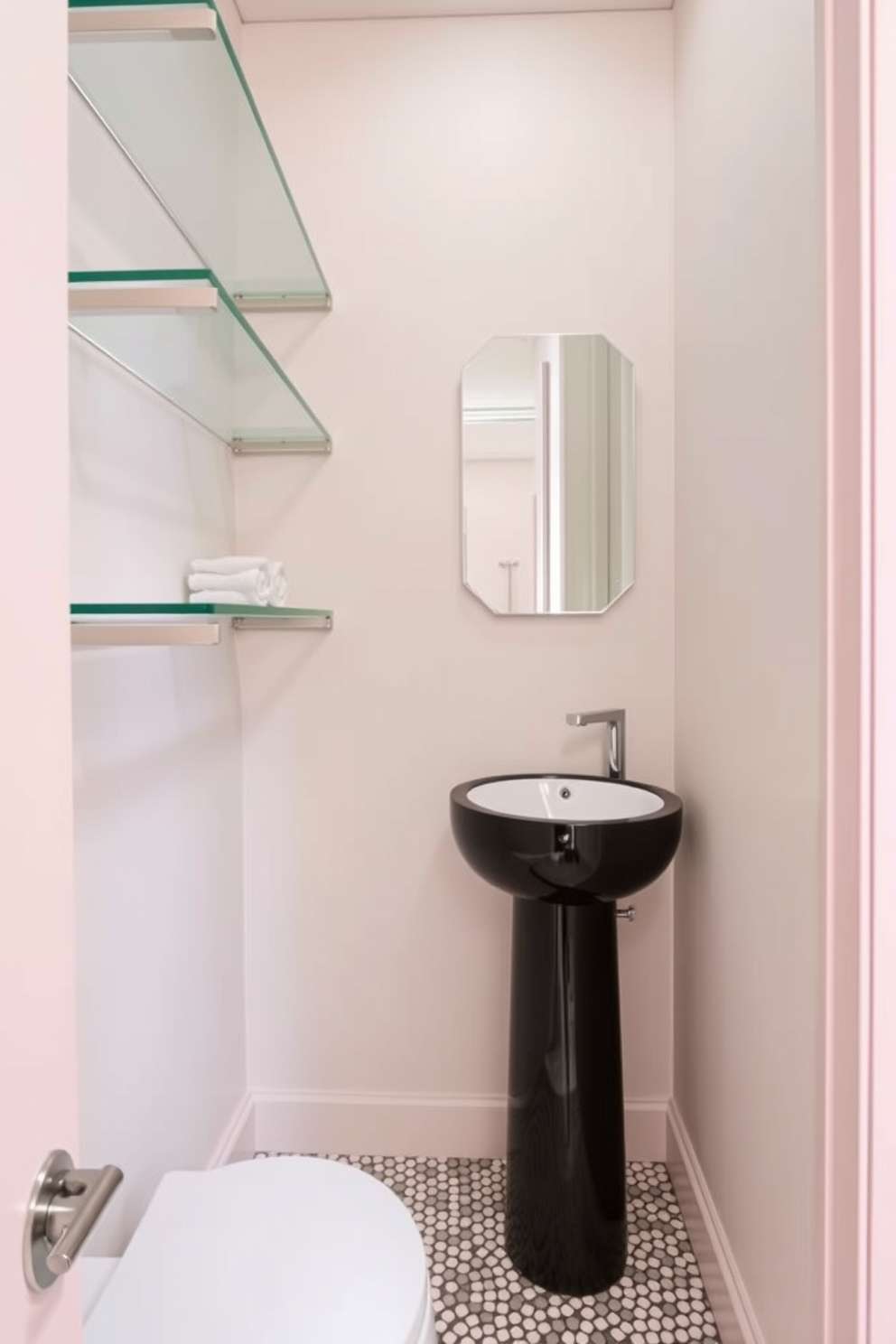 A narrow powder room featuring sleek glass shelves that create an open and airy feel. The walls are painted in a soft pastel color, and the floor is adorned with elegant mosaic tiles.