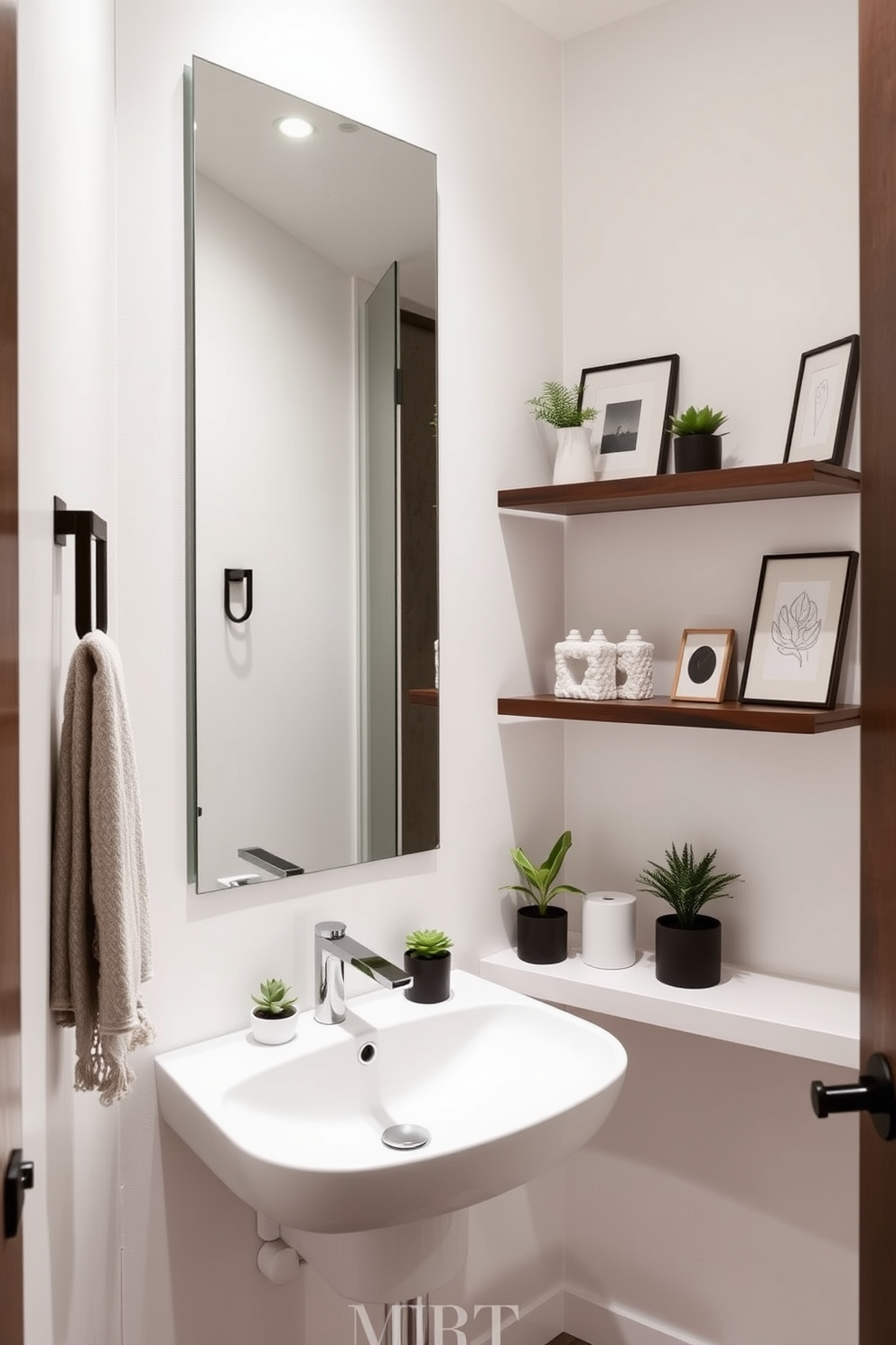 A narrow powder room featuring sleek, modern fixtures with a floating sink and a wall-mounted faucet. Small potted plants are placed on the countertop and shelves, adding a touch of greenery to the space. The walls are painted in a soft, light color to enhance the sense of openness, while a large mirror reflects the natural light. Decorative elements like a stylish towel holder and minimalist art pieces complement the overall design.