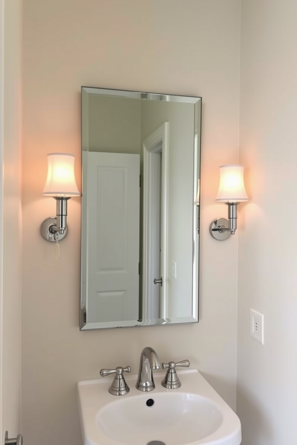 A narrow powder room features elegant sconces on either side of a sleek mirror, providing warm ambient lighting. The walls are adorned with a soft pastel hue, complementing a chic pedestal sink with polished chrome fixtures.