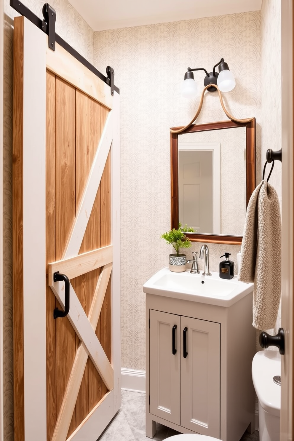 A charming narrow powder room features a sliding barn door that adds a rustic touch to the space. The walls are adorned with soft, light-colored wallpaper that enhances the room's brightness and makes it feel more spacious. A compact vanity with a sleek sink is positioned against one wall, complemented by a stylish mirror above it. Decorative accents, such as a small potted plant and elegant hand towels, add warmth and personality to the design.