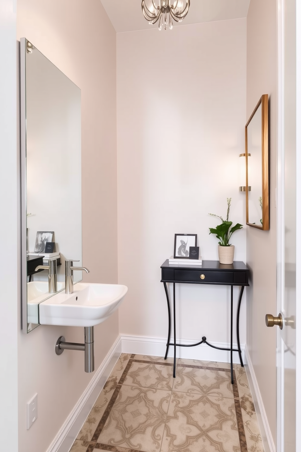 A narrow powder room features vertical stripes on the walls to create an illusion of height. The design includes a sleek pedestal sink and a wall-mounted mirror that reflects light, enhancing the spacious feel.