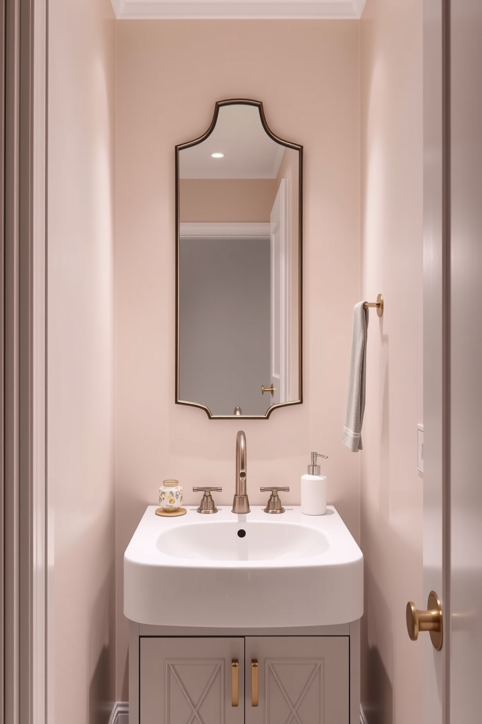 A narrow powder room features a sleek design with elegant elements. The walls are adorned with a soft pastel color, and a stylish mirror with a unique frame is mounted above a minimalist sink. Incorporate a chic faucet that adds a touch of sophistication to the space. A small vanity with decorative storage complements the overall aesthetic while maximizing functionality.