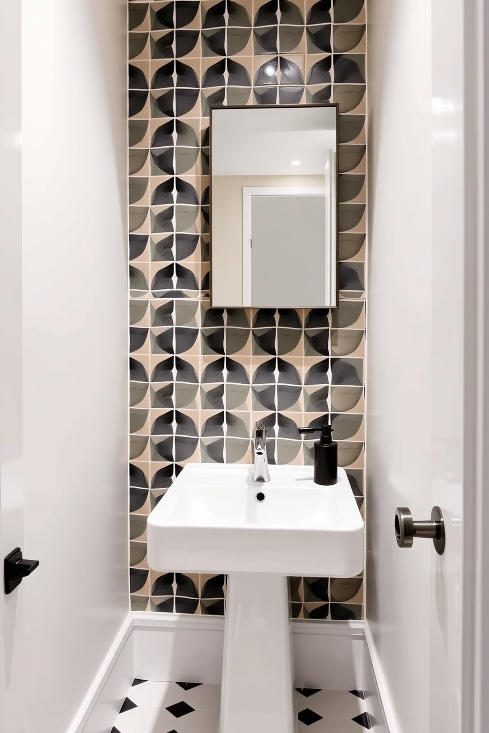 Create a narrow powder room featuring a striking tiled feature wall that showcases a bold geometric pattern in contrasting colors. The space is complemented by a sleek pedestal sink and a wall-mounted mirror that enhances the room's depth and brightness.