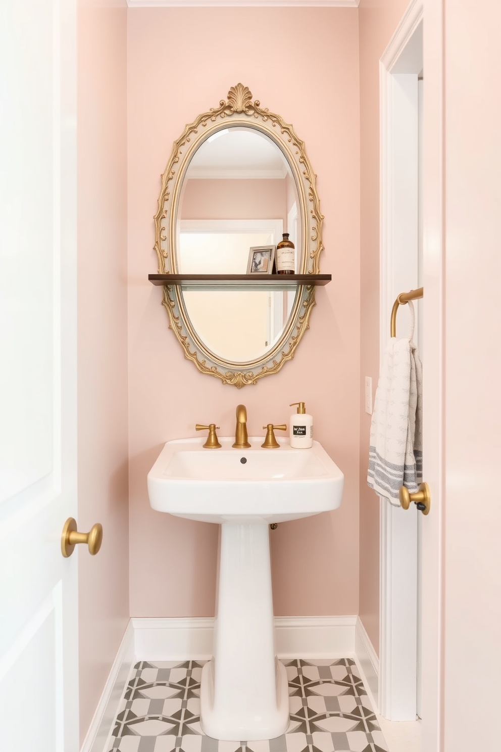 A stylish narrow powder room features a unique oval mirror with an ornate frame that adds a touch of elegance to the space. The walls are painted in a soft blush hue, complemented by a sleek white pedestal sink and brushed gold fixtures. To maximize functionality, a floating shelf above the sink holds decorative items and essential toiletries. The floor is adorned with a chic geometric tile pattern, enhancing the visual interest while keeping the room feeling open and airy.