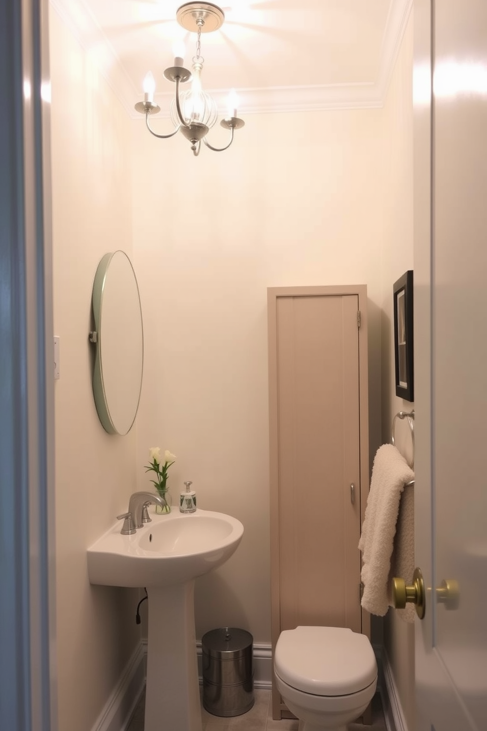 A narrow powder room with elegant design features a small chandelier hanging from the ceiling, adding a touch of luxury to the space. The walls are adorned with a soft pastel color, and a sleek pedestal sink is positioned against one side, complemented by a stylish wall-mounted mirror. On the opposite wall, a tall, narrow cabinet provides storage while maintaining the room's open feel. Decorative accents like a small potted plant and a plush hand towel complete the sophisticated look of this chic powder room.