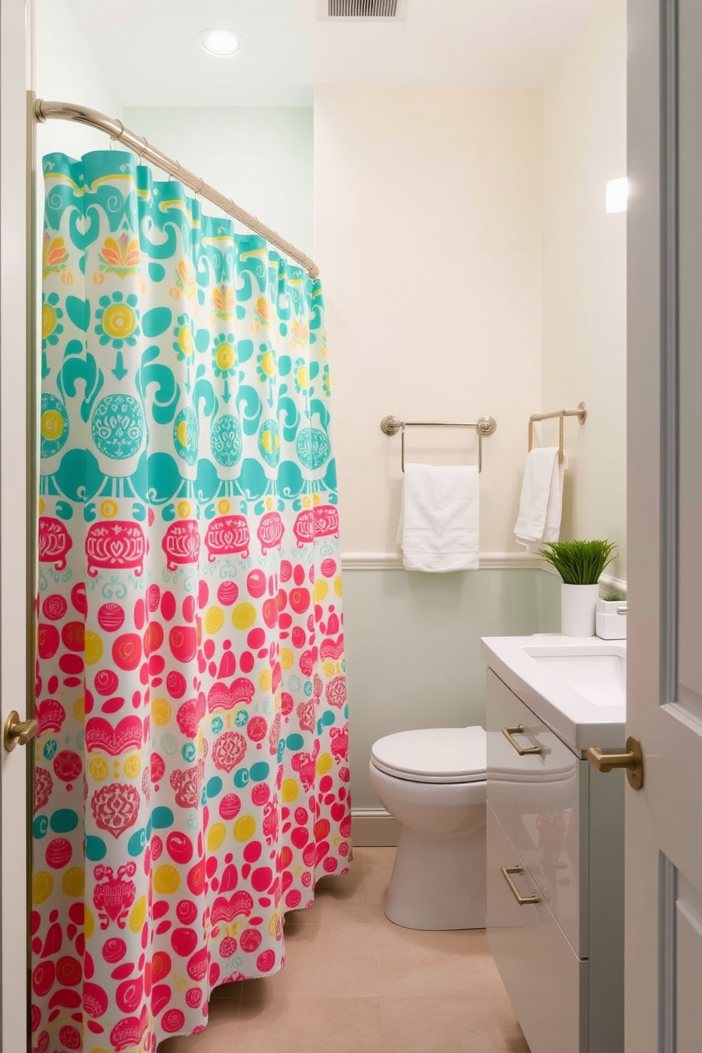 A vibrant shower curtain featuring a playful pattern adds a touch of personality to the narrow powder room. The walls are adorned with a soft pastel color, and a sleek floating vanity complements the overall design while maximizing space.