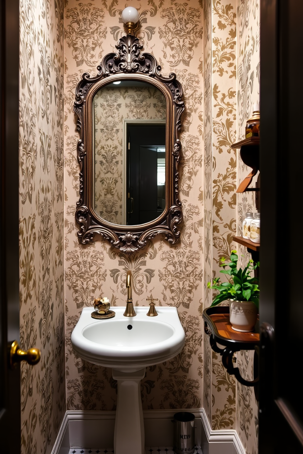 A narrow powder room designed in vintage style features intricate wallpaper with floral patterns and a classic pedestal sink. A vintage mirror with an ornate frame hangs above the sink, and a small wooden shelf displays decorative items and a potted plant.