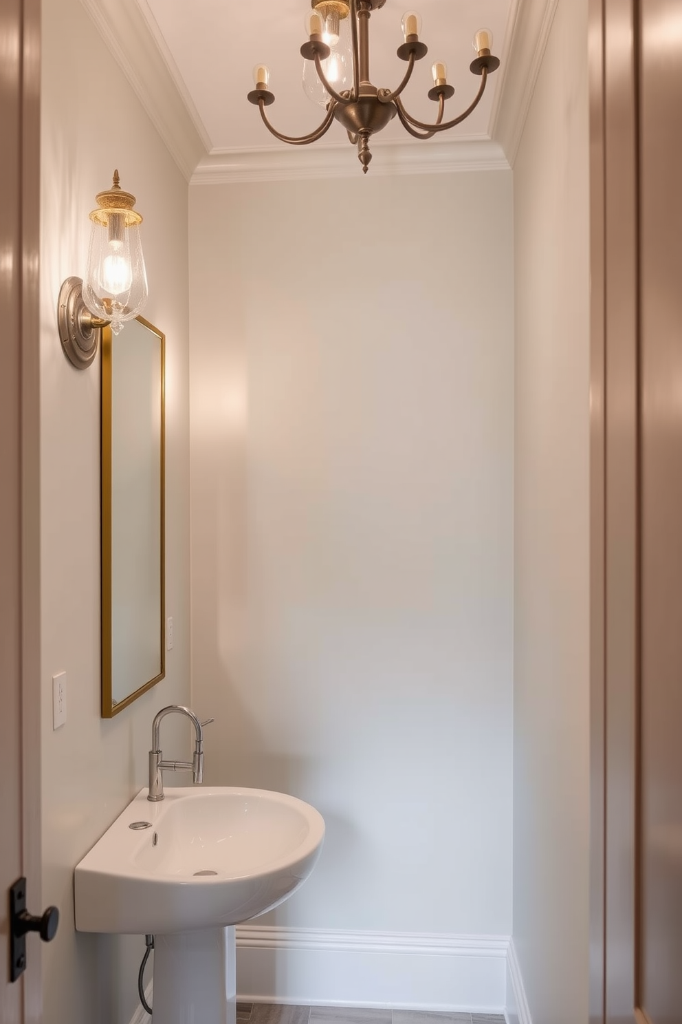 A narrow powder room designed to maximize space and style. The walls are adorned with a soft pastel color, and a sleek pedestal sink is positioned against one side. Decorative lighting fixtures hang elegantly from the ceiling, casting a warm glow throughout the room. A tall mirror with a decorative frame enhances the sense of depth and light in this chic space.