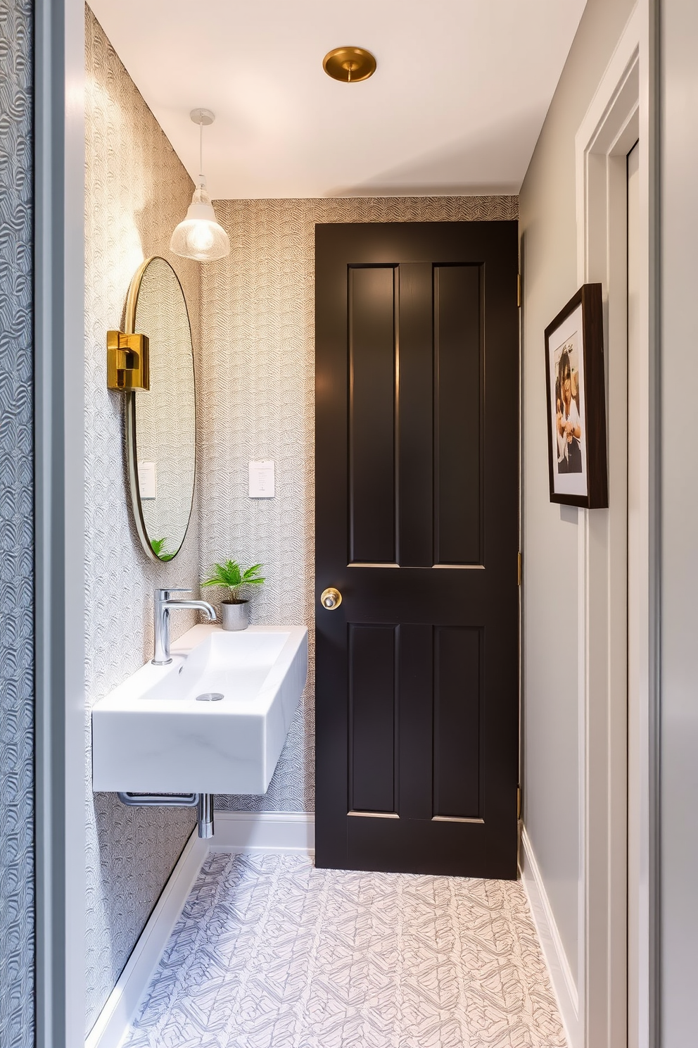 A narrow powder room featuring a sleek pocket door that maximizes space and enhances functionality. The design incorporates a floating vanity with a vessel sink and elegant wall-mounted fixtures, creating a modern yet inviting atmosphere. The walls are adorned with a chic wallpaper pattern that adds depth, while the floor showcases a stylish geometric tile. Thoughtful lighting fixtures illuminate the area, highlighting decorative elements such as a small potted plant and a framed artwork.