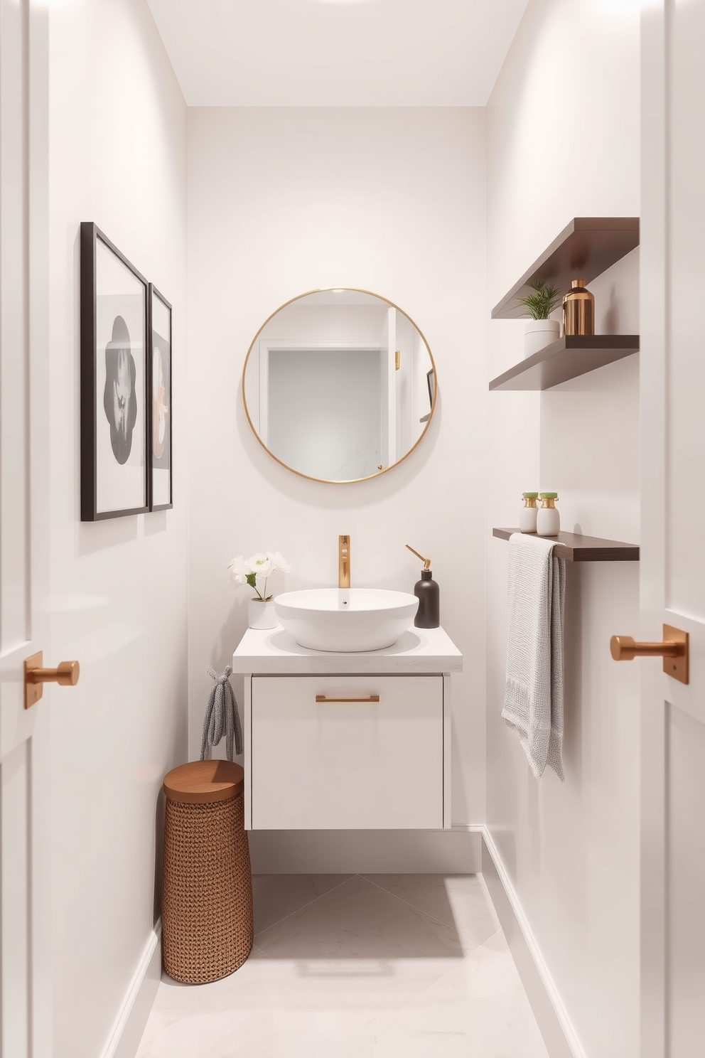 A narrow powder room features sleek glass shower doors that create an open and airy feel. The walls are adorned with elegant wallpaper, and a chic pedestal sink sits against one side.