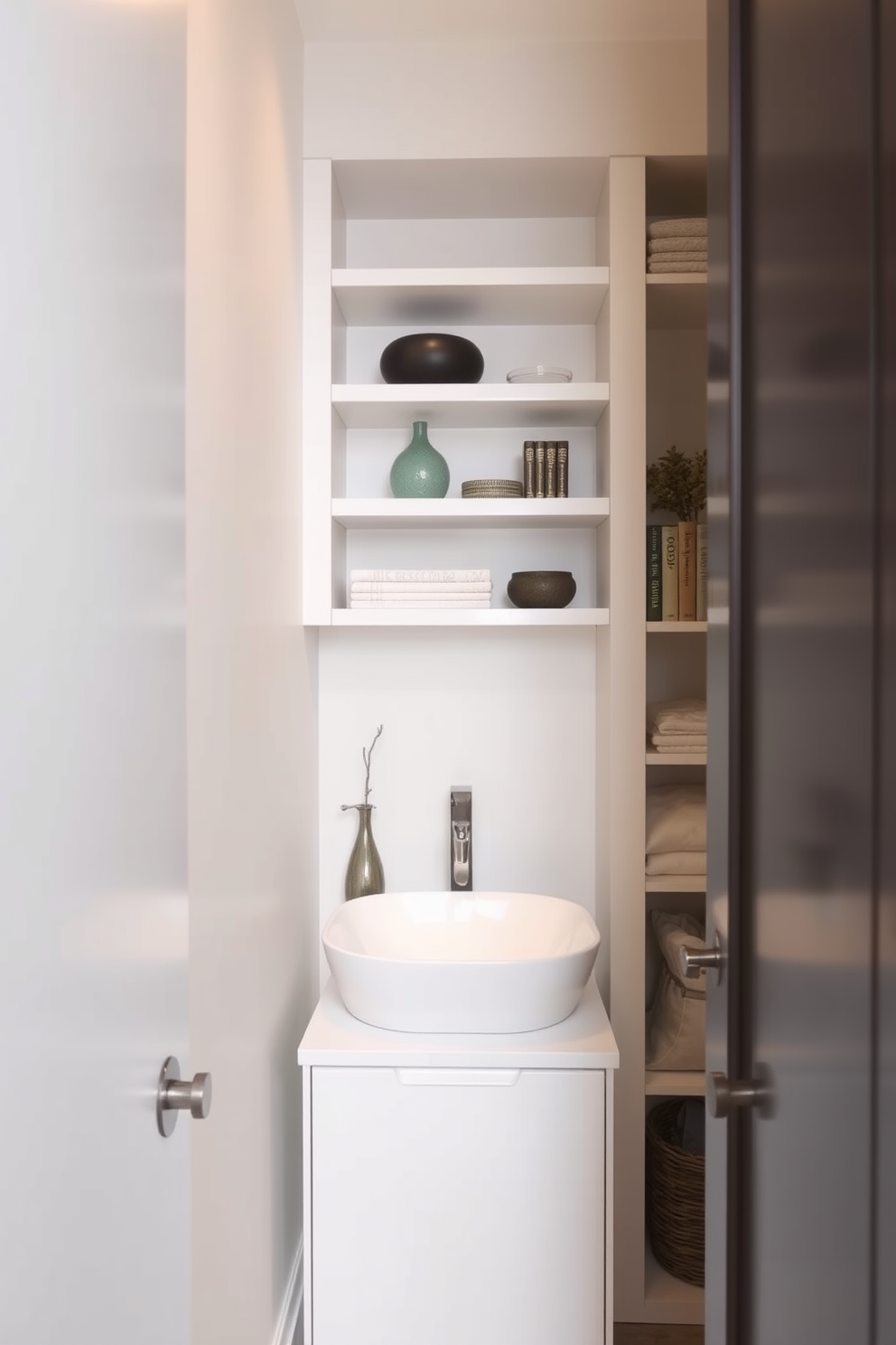 A narrow powder room features built-in shelving that seamlessly integrates into the wall, providing both storage and decorative display space. The walls are painted in a soft neutral tone, while a sleek, modern sink is mounted above a minimalist vanity, creating an open and airy feel.