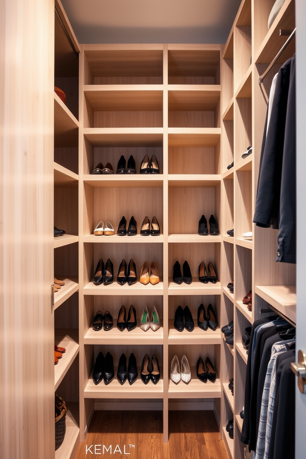 Maximize vertical space with shelves in a narrow walk-in closet. Incorporate floor-to-ceiling shelving units that display shoes and accessories while utilizing the upper shelves for seasonal storage. Use sliding doors to enhance accessibility and save space in the narrow walk-in closet. Consider a combination of open shelving and closed cabinets to create an organized and stylish storage solution.