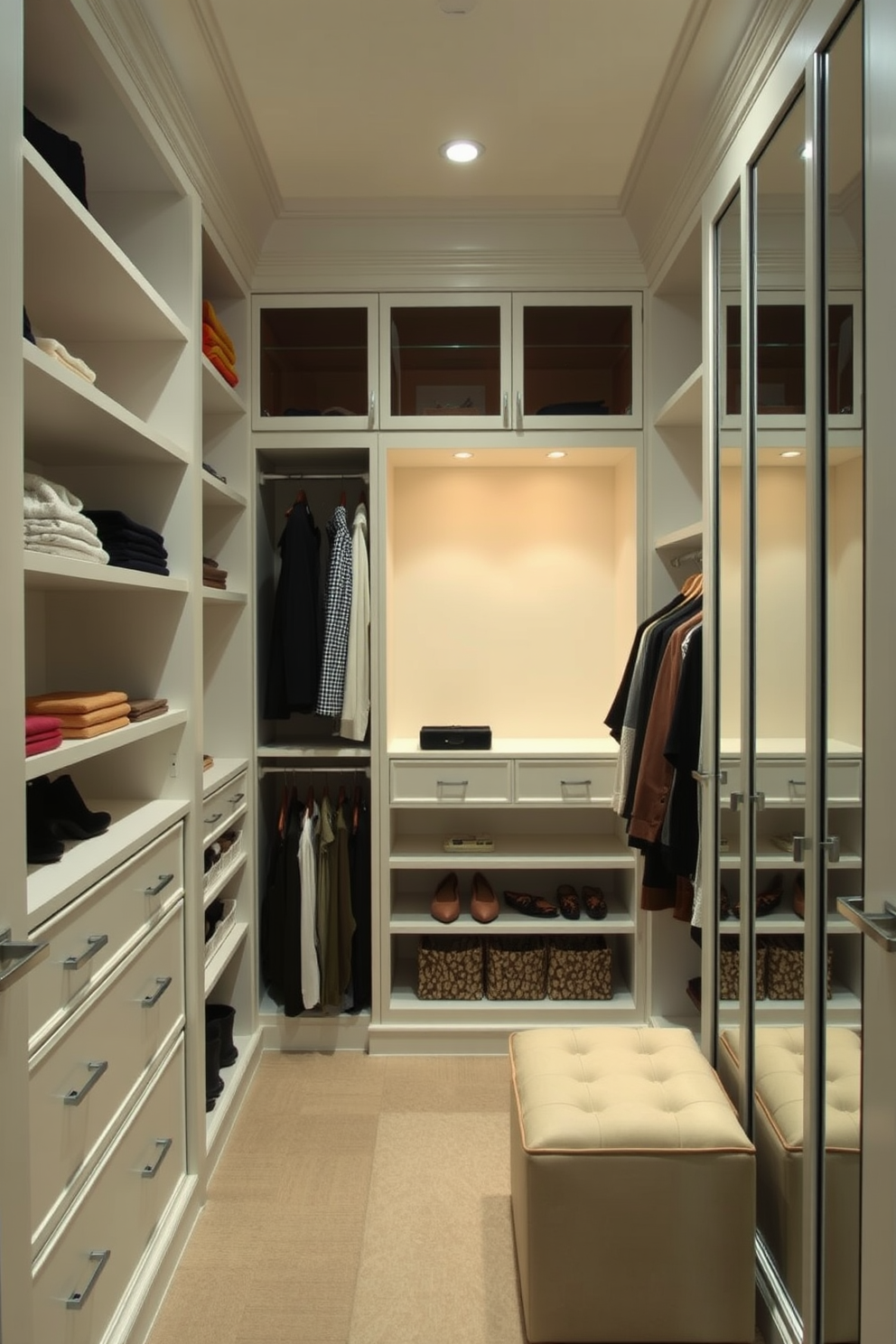 A contemporary walk-in closet design featuring sliding doors that seamlessly blend into the wall, maximizing space efficiency. The interior showcases custom shelving and hanging rods, with a soft color palette of whites and grays to create a serene atmosphere. The closet includes a central island with drawers for accessories, providing both functionality and style. Ambient lighting highlights the organized layout, making it easy to find and display clothing and shoes.