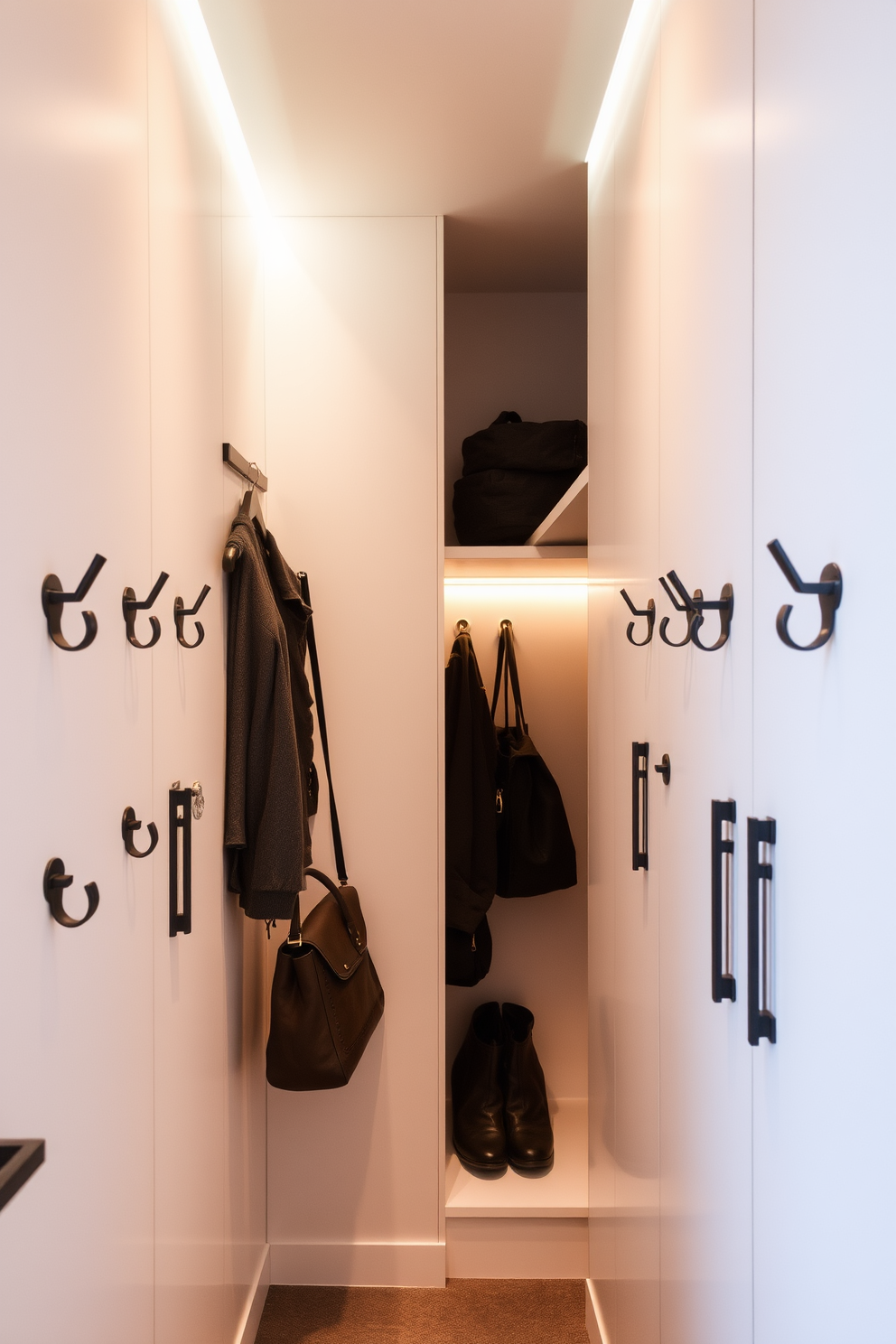 A narrow walk-in closet features a sleek design with hooks mounted on the walls for easy access to accessories and bags. The space is illuminated by soft overhead lighting, creating a warm and inviting atmosphere.