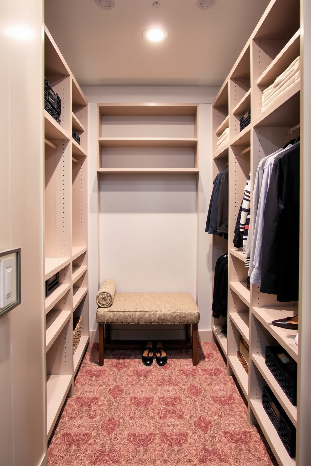 A narrow walk-in closet featuring sleek built-in shelving on both sides for optimal storage. In the center, a small upholstered bench provides a cozy seating area, perfect for putting on shoes or organizing outfits.