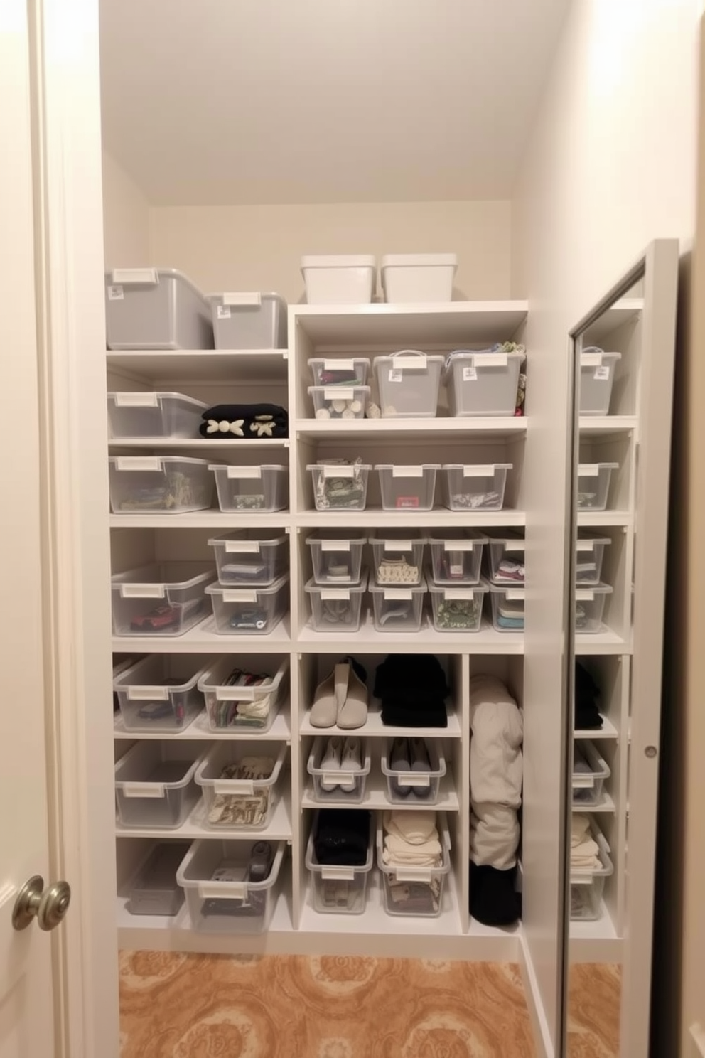 A narrow walk-in closet features clear bins neatly arranged on shelves for easy visibility of contents. The walls are painted in a soft neutral tone, and a full-length mirror is positioned to enhance the sense of space.