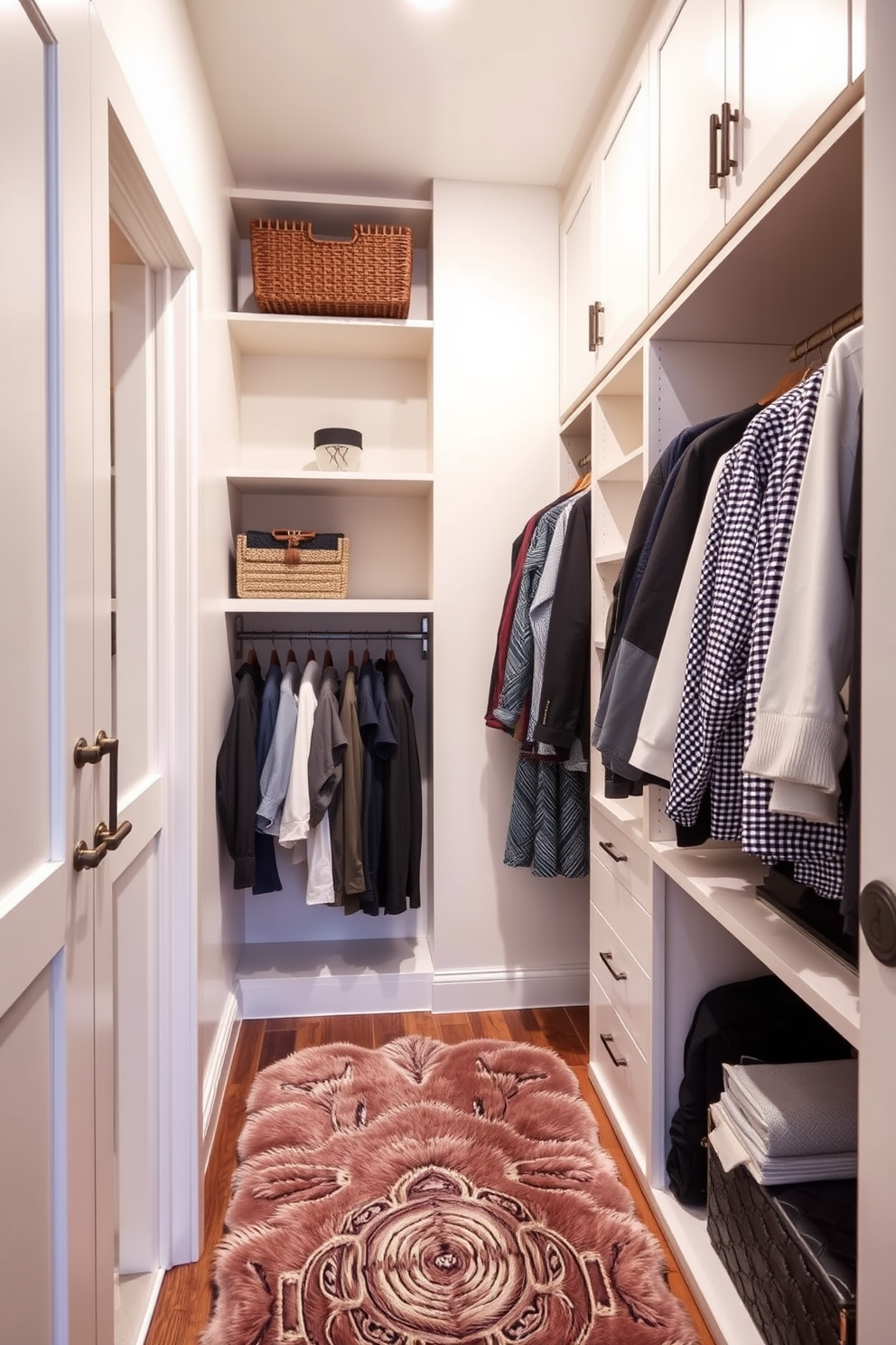 A narrow walk-in closet featuring custom shelving and hanging space for clothing. The design includes a plush area rug to add warmth and comfort, enhancing the overall aesthetic of the space.