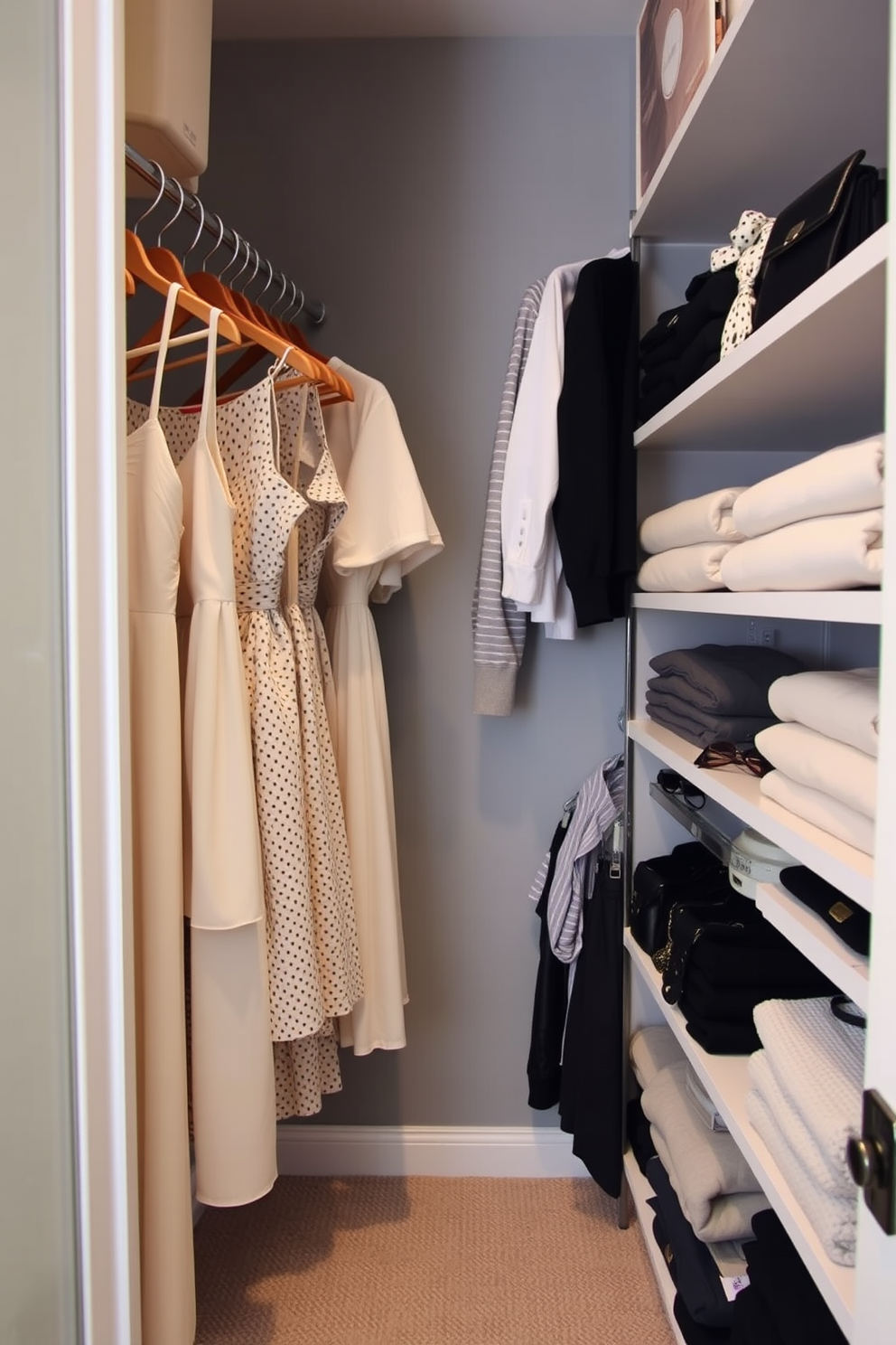 A narrow walk-in closet features a pegboard on one wall for versatile storage options. The pegboard is adorned with hooks and shelves to hold accessories, bags, and jewelry, maximizing the use of vertical space. The opposite wall showcases custom shelving for shoes and folded clothes, creating an organized and visually appealing display. Soft, ambient lighting illuminates the space, enhancing the overall elegance of the closet design.