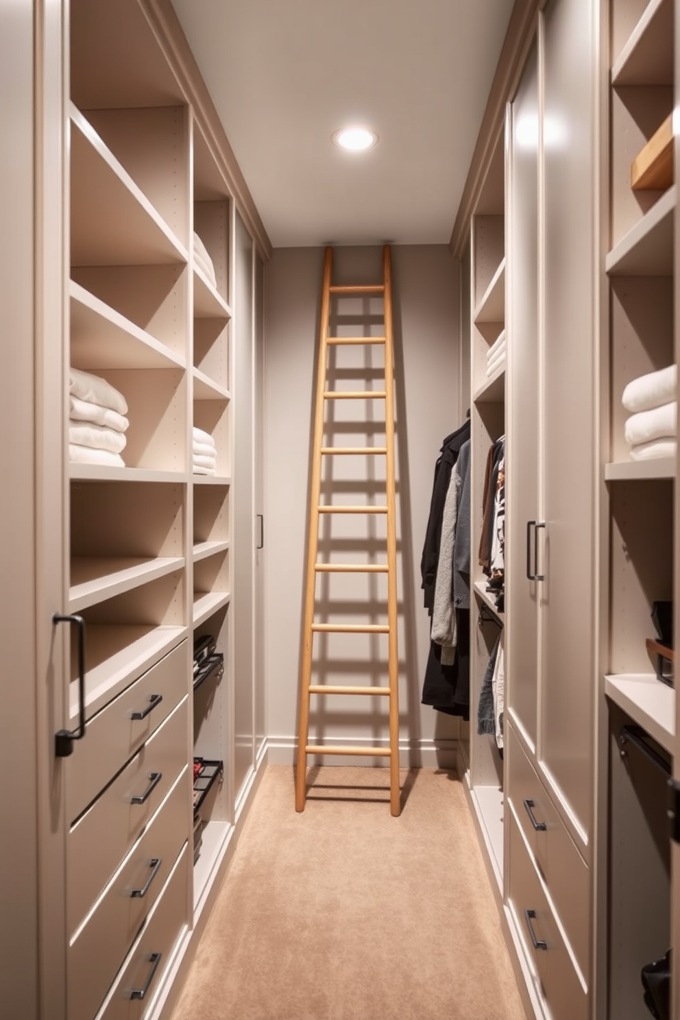 A stylish narrow walk-in closet featuring a tall ladder for high storage access. The walls are lined with custom shelving units, and the floor is covered in a soft, neutral carpet.