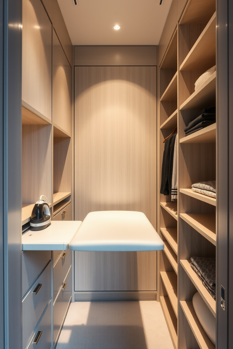 A narrow walk-in closet featuring a fold-out ironing board seamlessly integrated into the design. The walls are lined with custom shelving to maximize storage, and a soft, ambient light illuminates the space, highlighting the elegant finishes.