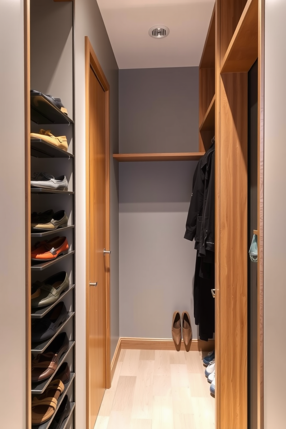 A narrow walk-in closet features a sleek design with a jewelry organizer drawer seamlessly integrated into the cabinetry. The walls are adorned with soft lighting, and the floor is finished with elegant hardwood to enhance the luxurious feel.