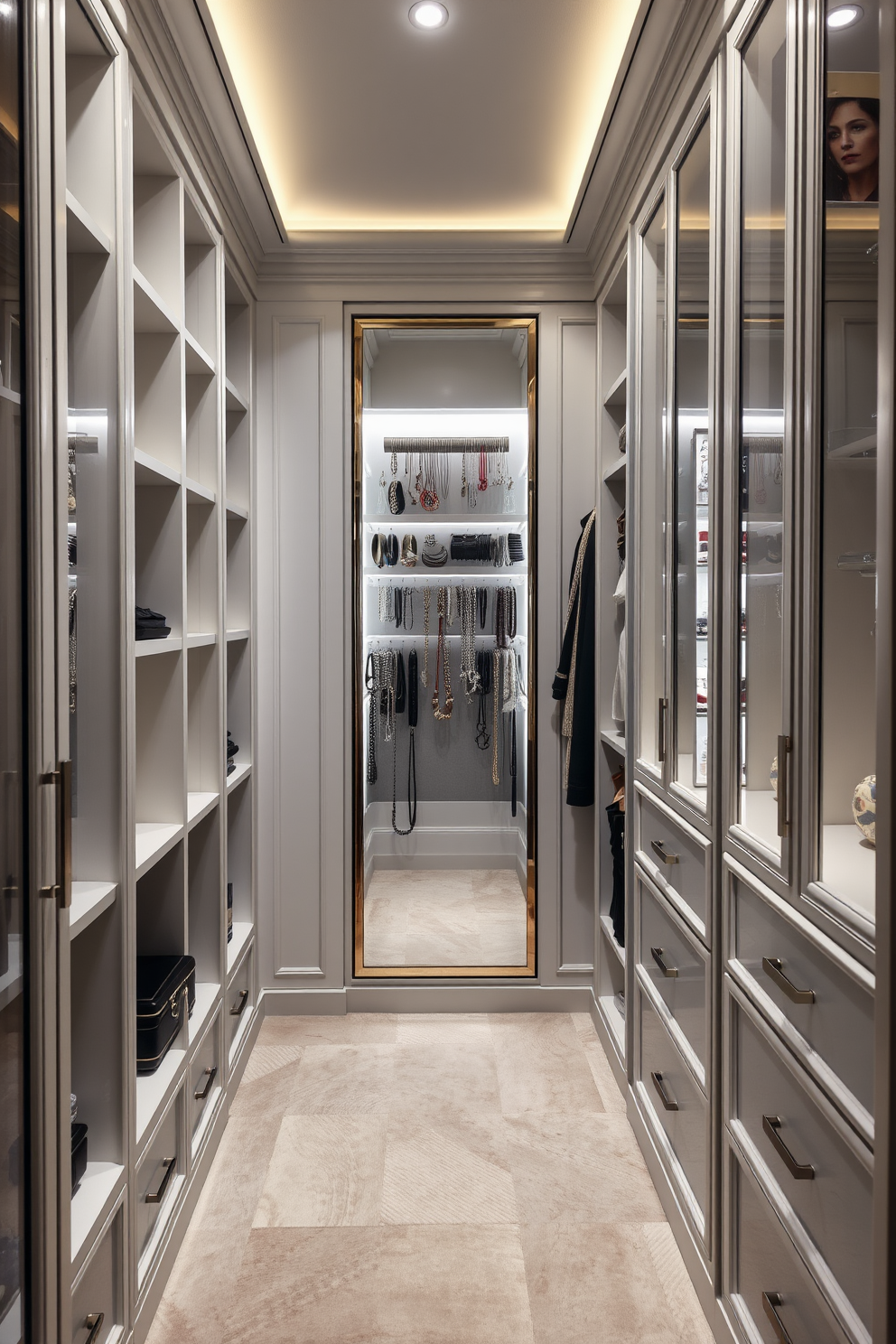 A luxurious narrow walk-in closet featuring a dedicated jewelry organizer section. The walls are lined with elegant shelving, and the floor is adorned with plush carpet in a soft neutral tone. The jewelry organizer is beautifully illuminated with soft LED lighting, showcasing an array of necklaces, bracelets, and rings. A full-length mirror is positioned at the end of the closet, reflecting the sophisticated design elements throughout the space.