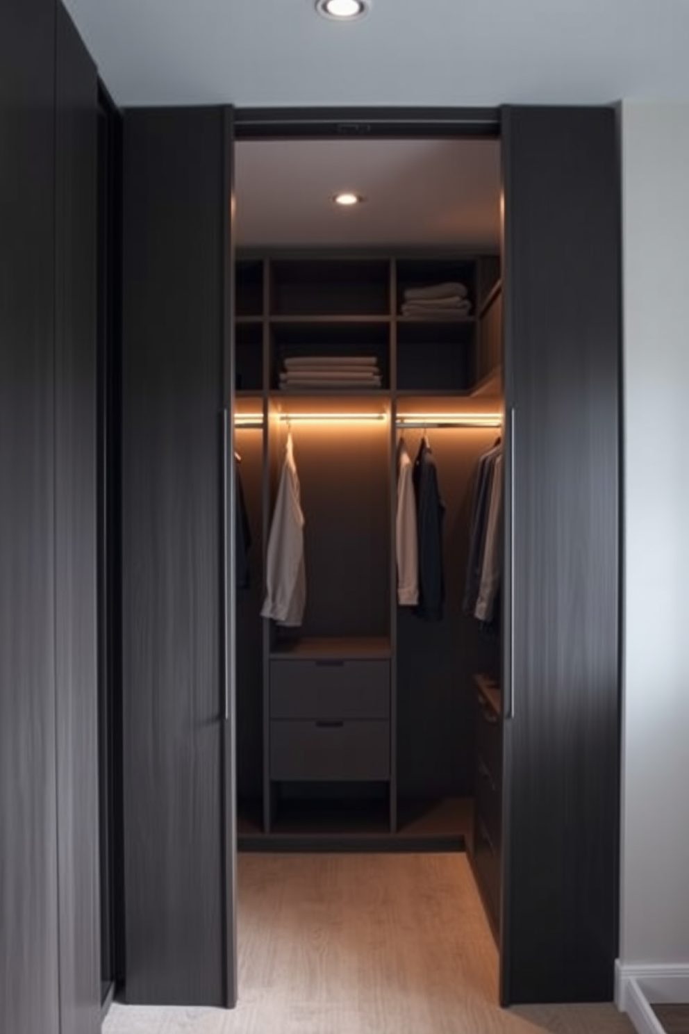 A narrow walk-in closet features sleek built-in shelving along one side, maximizing storage space while maintaining an open feel. Pull-out drawers are integrated into the design for easy organization of accessories and clothing, ensuring everything is neatly stored and easily accessible.