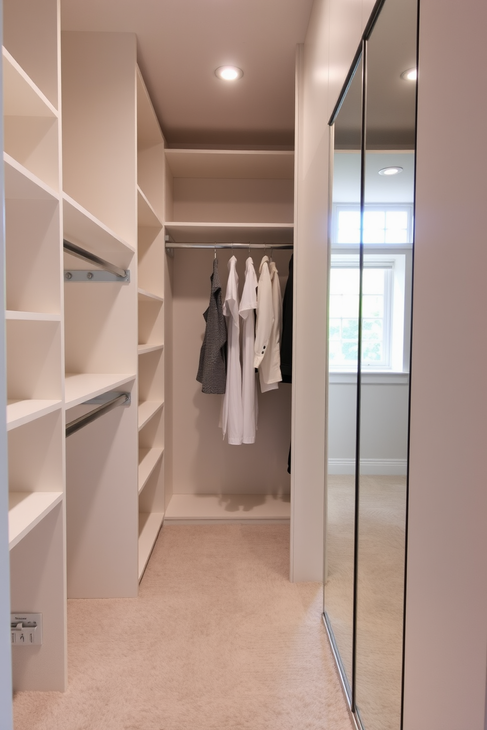 A narrow walk-in closet featuring sleek built-in shelving and hanging rods in a soft white finish. The floor is covered with a plush light gray carpet, and a large mirror reflects the natural light coming from a small window.