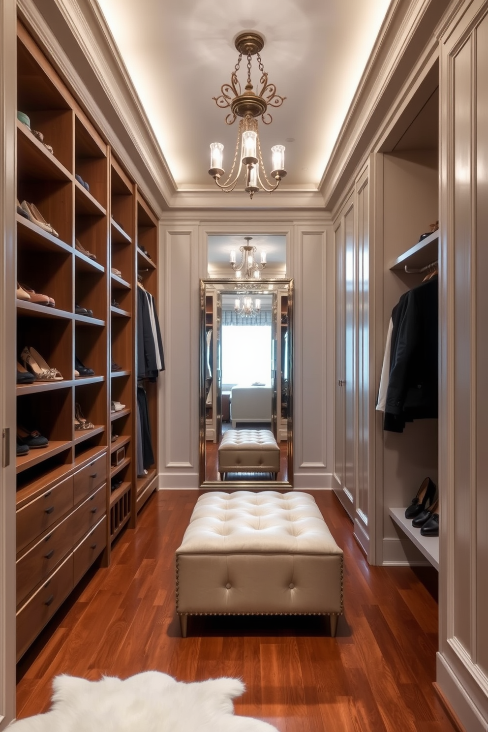 A narrow walk-in closet designed for elegance features soft ambient lighting from a small chandelier that hangs from the ceiling. The walls are adorned with light-colored paneling, and the floor is finished with rich hardwood, creating a warm and inviting atmosphere. Custom shelving units line the walls, providing ample storage for shoes and accessories, while a plush ottoman sits in the center for comfort. A full-length mirror is positioned to reflect the stylish decor, enhancing the sense of space and luxury.