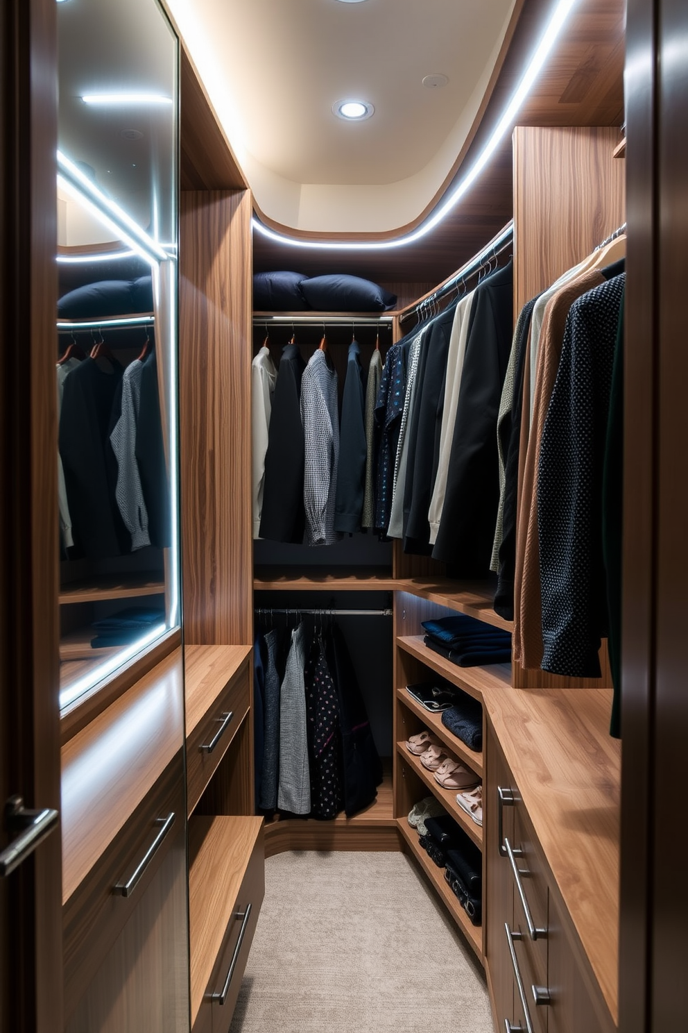 A seasonal clothing rotation area features a neatly organized narrow walk-in closet with custom shelving for optimal space utilization. Soft LED lighting highlights the carefully arranged seasonal garments, while a full-length mirror enhances the functionality of the space. The closet is designed with a combination of hanging rods and drawers, allowing easy access to clothing and accessories. Elegant wood finishes and a calming color palette create a serene atmosphere, making the closet a stylish yet practical storage solution.