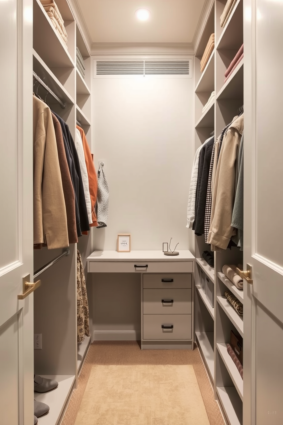 A stylish narrow walk-in closet features a small desk for planning, positioned against one wall to maximize space efficiency. The closet is lined with custom shelving and hanging rods, showcasing neatly organized clothing and accessories in a soft neutral color palette.