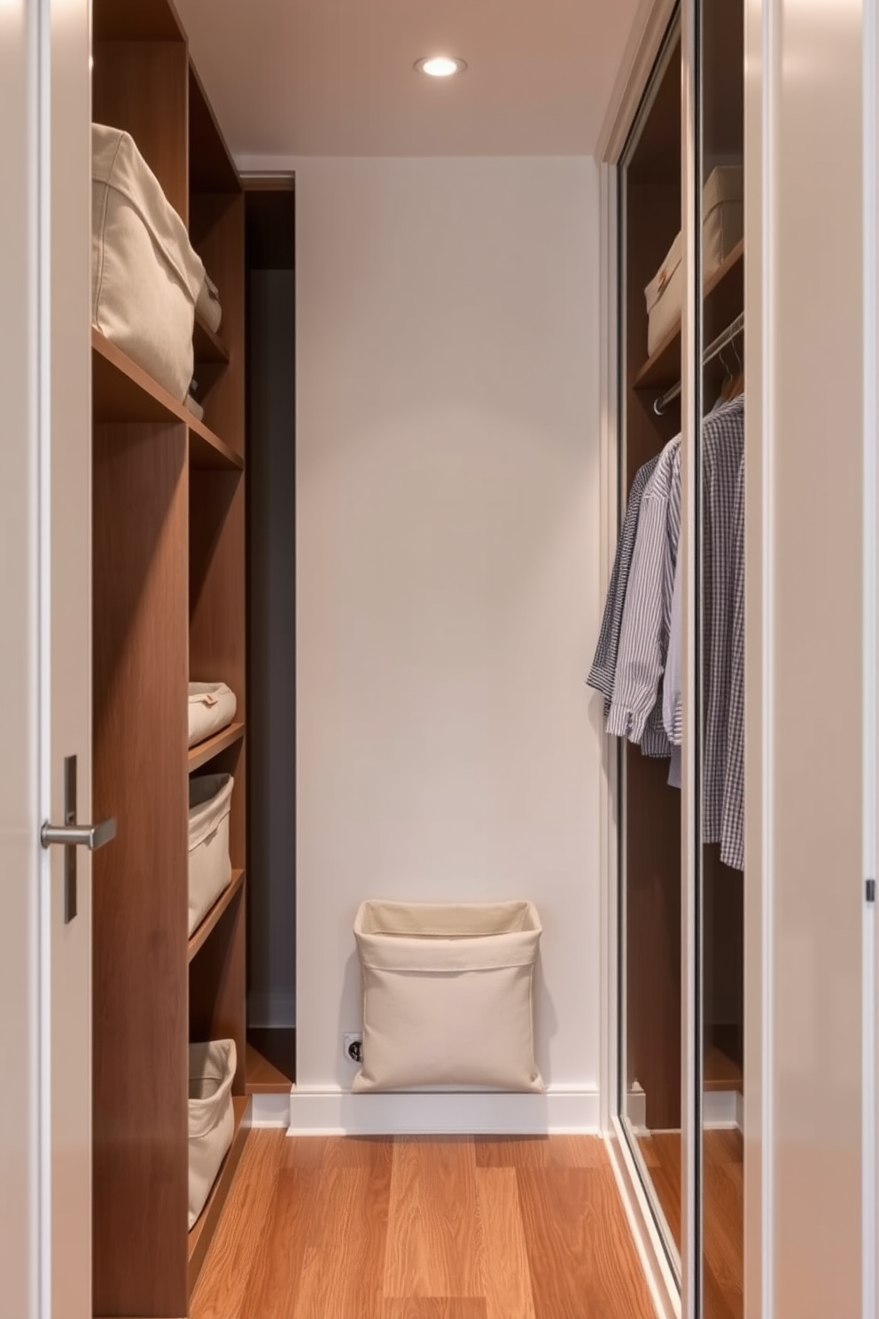 A narrow walk-in closet features soft fabric bins that add a touch of warmth and texture to the space. The walls are painted in a light neutral color, and the flooring is a sleek hardwood that enhances the overall elegance of the design.