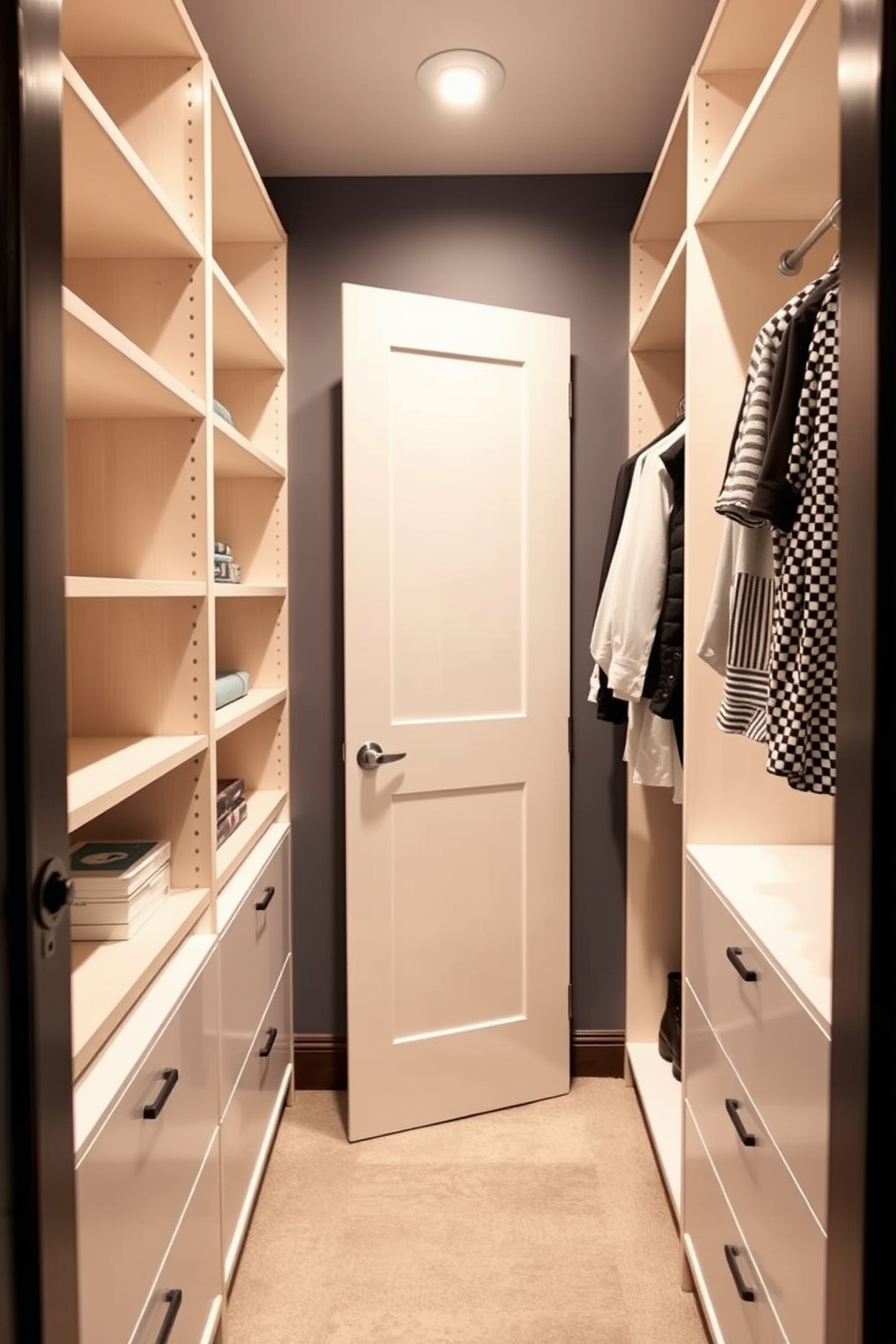 A narrow walk-in closet featuring a pocket door for optimal space savings. The design includes built-in shelving on one side and hanging rods on the other, maximizing storage while maintaining an open feel.