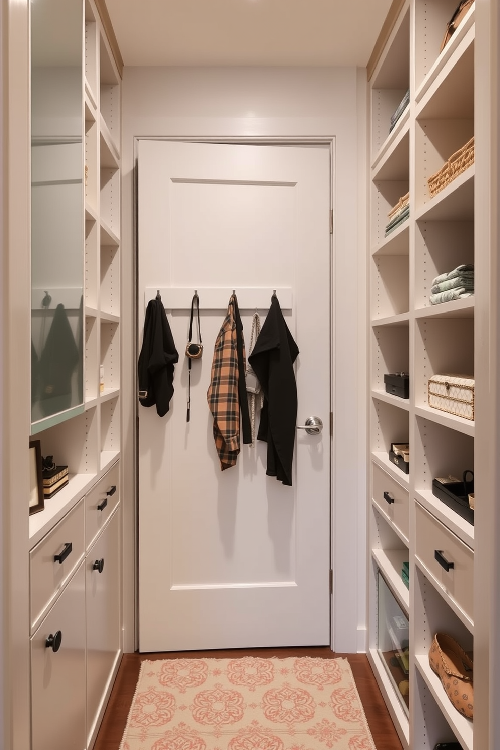 A narrow walk-in closet design features the back of the door utilized for additional storage with hooks and small shelves for accessories. The walls are lined with built-in shelving units that maximize vertical space, creating an organized and stylish environment.