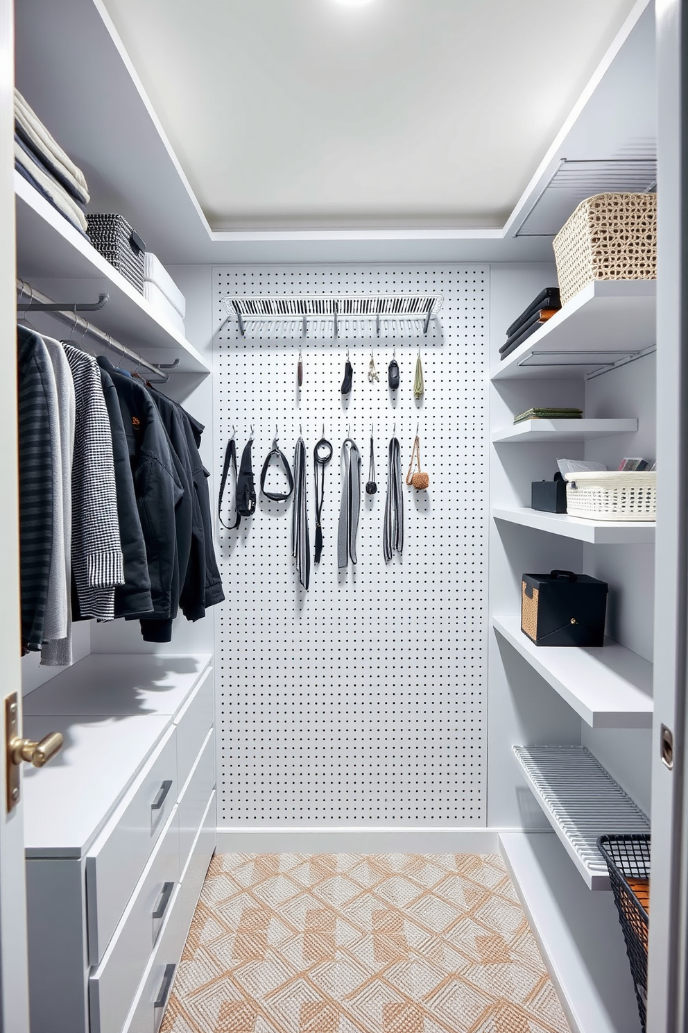 A modern walk-in closet featuring a pegboard on one wall for versatile organization. The pegboard is adorned with hooks and shelves, providing ample space for accessories and storage solutions.