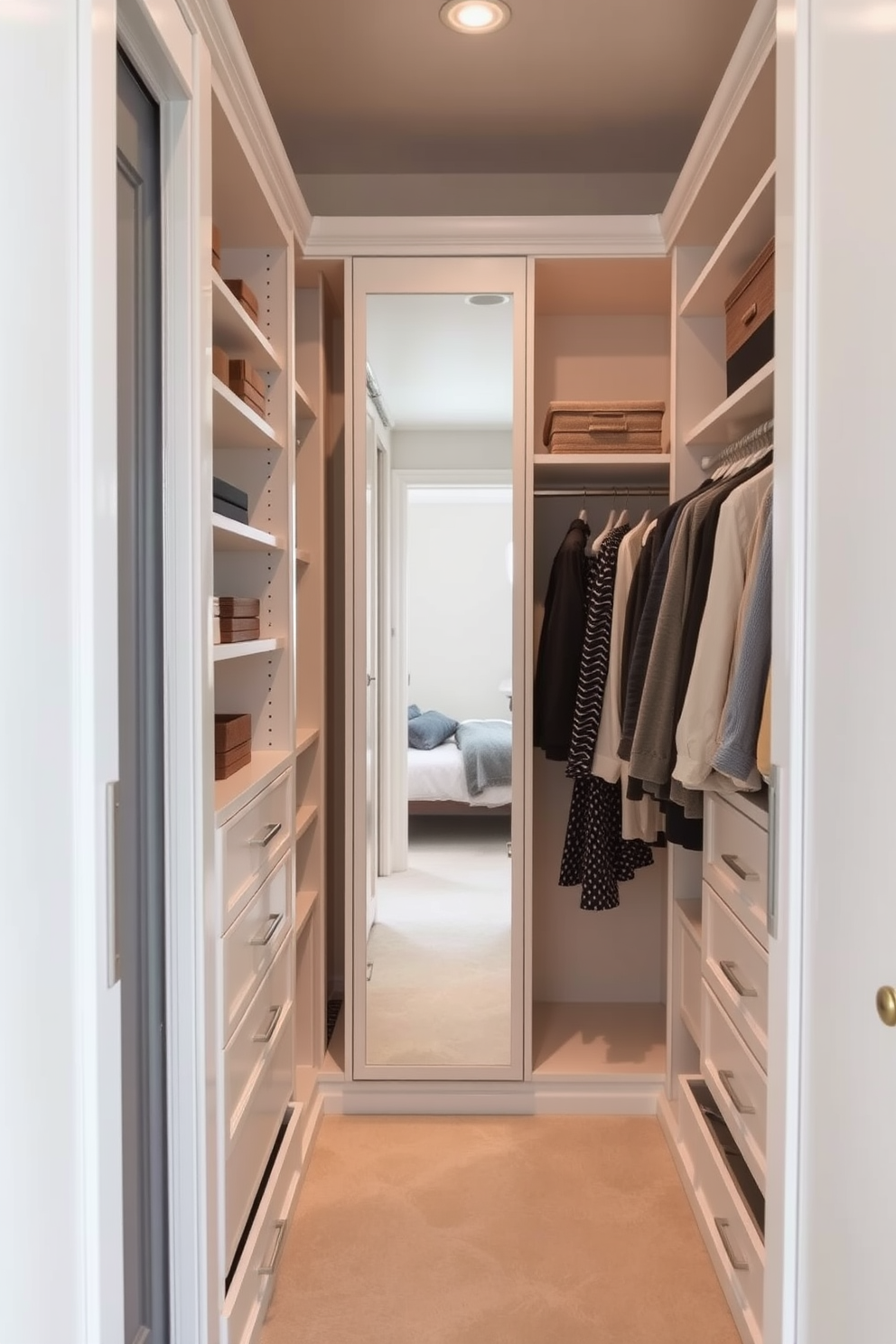 A narrow walk-in closet featuring sleek built-in shelving on both sides for optimal storage. The design includes a small fan installed on the ceiling for ventilation, ensuring a comfortable atmosphere.