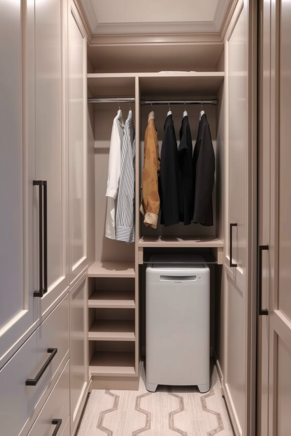 A stylish narrow walk-in closet featuring built-in shelving and hanging rods for optimal organization. A sleek laundry hamper is discreetly integrated into the design, blending seamlessly with the elegant cabinetry. The walls are adorned with soft neutral tones, creating a calming atmosphere. Soft lighting highlights the textures of the fabrics and finishes, enhancing the overall aesthetic appeal.