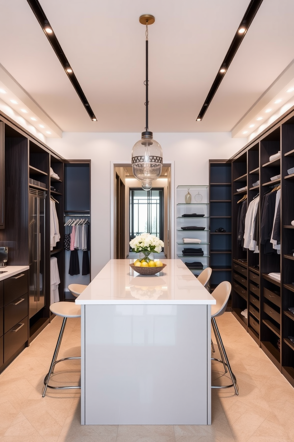 A modern kitchen featuring a spacious center island designed for storage and meal prep. The island is topped with a sleek quartz countertop and surrounded by stylish bar stools for casual dining. A narrow walk-in closet designed with efficient shelving and hanging space. The walls are painted in a soft neutral tone, and elegant lighting fixtures illuminate the organized storage areas.