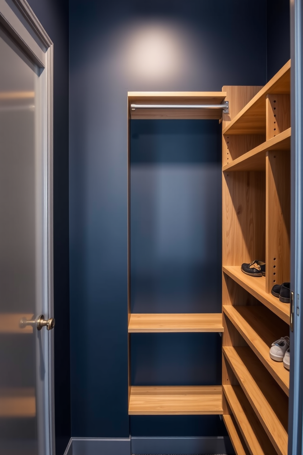 A cozy narrow walk-in closet features built-in shelving and hanging space on either side, maximizing storage efficiency. Soft lighting illuminates the space, highlighting a small plush rug placed in the center for added comfort. The walls are painted in a light neutral tone, creating an airy feel, while a full-length mirror is positioned at the end of the closet for convenience. Decorative baskets are neatly arranged on the shelves, adding a touch of style and organization.