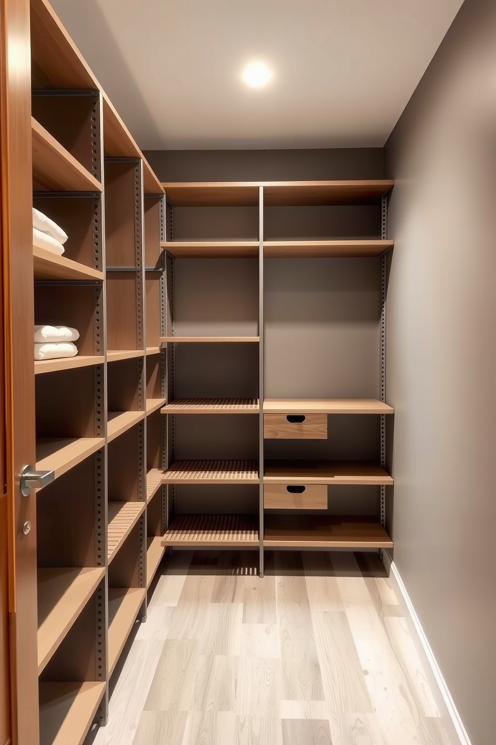 A narrow walk-in closet features adjustable shelving to maximize storage flexibility. The walls are painted in a soft gray, and the flooring is a light wood that adds warmth to the space.