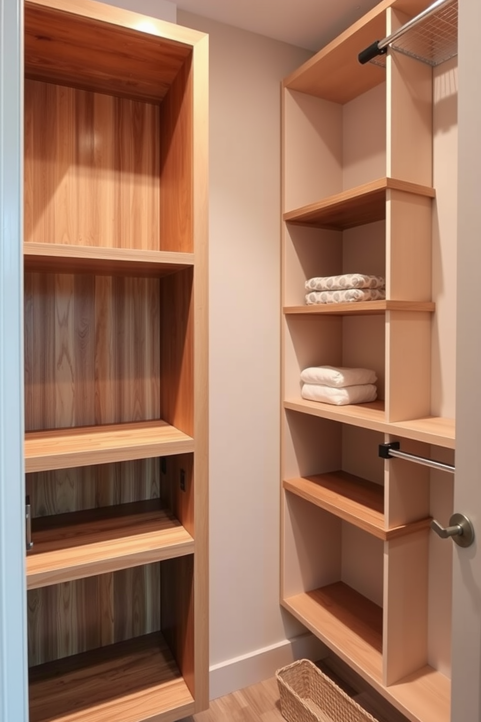 A modern walk-in closet featuring sleek cabinetry with a combination of open shelving and closed storage. Soft LED lighting illuminates the space, creating a bright and inviting atmosphere while highlighting a stylish shoe display. The closet includes a central island with drawers for accessories and a full-length mirror mounted on the back wall. Warm wood tones are complemented by a neutral color palette, enhancing the overall elegance of the design.