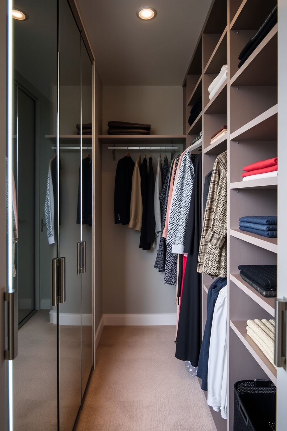 A narrow walk-in closet designed for optimal organization and style. The walls are painted in a soft gray, and the floor features light wood planks, creating an inviting atmosphere. Color-coded hangers are used to coordinate clothing items, enhancing both functionality and aesthetics. Shelving units are strategically placed to maximize vertical space, while soft LED lighting illuminates the entire closet.